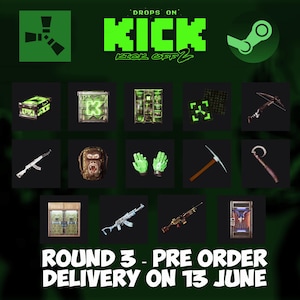 Könnte beinhalten: Eine digitale Grafik mit dem Titel DROPS ON KICK KICK OFF 2 zeigt ein Raster aus zwölf Spielgegenständen, darunter Kisten, Waffen, Werkzeuge und Kleidung in Grün und Schwarz. Der untere Text lautet ROUND 3 - PRE ORDER DELIVERY ON 13 JUNE.