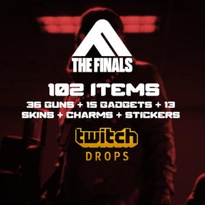 Puede incluir: Imagen promocional de "THE FINALS" con un logotipo y texto blancos sobre un fondo rojo. El texto destaca "102 ITEMS" incluyendo armas, gadgets, skins, amuletos y pegatinas, con la marca "Twitch Drops".