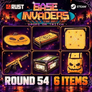 May include: A promotional graphic for Rust Base Invaders Round 54 featuring six items: a pumpkin rug, a bed with a pumpkin blanket, a spiderweb wall, a gold-toned submachine gun, a crate labeled Clones, and a pumpkin-themed backpack.