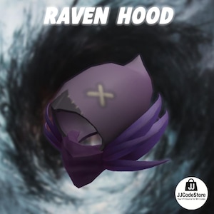 May include: A purple raven hood with a white cross stitched on the front. The hood has a dark gray beak and a purple scarf. The words "RAVEN HOOD" are displayed in white, and the JJCodeStore logo is in the bottom right corner.