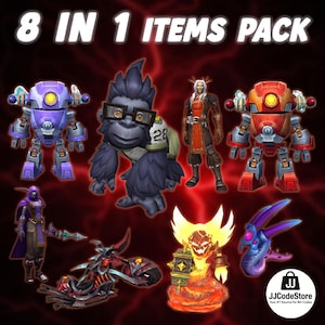 Puede incluir: Una imagen con ocho diseños de personajes digitales diferentes. Los personajes incluyen un robot morado, un gorila con gafas, un guerrero, un robot rojo, una figura con túnica, una criatura de fuego, un dragón y una serpiente morada. El texto dice "8 IN 1 ITEMS PACK".
