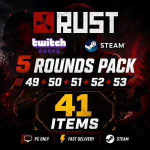 Puede incluir: Un gráfico promocional digital para un paquete Rust 5 Rounds que contiene 41 artículos. El texto incluye Rust, Twitch Drops, Steam, 5 Rounds Pack, 49+50+51+52+53, 41 Items, PC Only, Fast Delivery y Steam. El fondo es una escena oscura en tonos rojos.