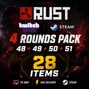 May include: A digital promotional graphic for the video game Rust featuring the text 4 ROUNDS PACK 48 + 49 + 50 + 51 and 28 ITEMS. The image includes the Twitch Drops and Steam logos, with additional text indicating PC ONLY, FAST DELIVERY, and STEAM.