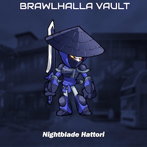 Può includere: Illustrazione di Nightblade Hattori da Brawlhalla Vault. Il personaggio è un ninja con un abito blu e nero, un cappello di paglia e una spada. Lo sfondo è una sfumatura blu scuro.