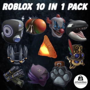 Op de afbeelding: Een afbeelding met tien digitale items. De items omvatten een futuristische helm, een vliegenoog, een clownshoofd, een orka, een kroon, een verlichte tortillachip, een steampunk robot, een pistool, een paarse hoofdbedekking en een pootafdruk. Tekst: 'ROBLOX 10 IN 1 PACK'.