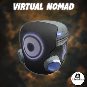 Puede incluir: Un casco de realidad virtual futurista, gris oscuro y gris claro, con el texto "VIRTUAL NOMAD" en la parte superior. El casco presenta un diseño circular con un contorno y acentos azules brillantes. El logotipo de JJCodeStore está en la esquina inferior derecha.