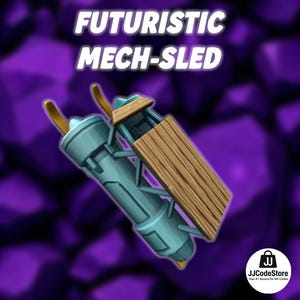 Puede incluir: Un diseño de trineo mecánico futurista con el texto "FUTURISTIC MECH-SLED" en blanco. El trineo presenta un cuerpo azul claro, una plataforma de madera y detalles dorados. El fondo es un degradado de morado y morado oscuro.