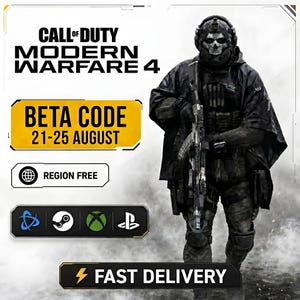 May include: A promotional graphic for Call of Duty Modern Warfare 4 featuring a soldier in tactical gear and a skull mask holding a rifle. Text includes BETA CODE 21-25 AUGUST, REGION FREE, and FAST DELIVERY, alongside icons for gaming platforms.