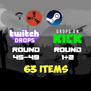 May include: Image with logos for Twitch, Steam, and Kick. Text includes "Twitch Drops Round 45-49", "Drops on Kick Round 1+2", and "63 Items". The background features silhouettes of figures and a landscape.