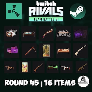 Puede incluir: Imagen promocional para Twitch Rivals Team Battle VI, que muestra 16 elementos en una cuadrícula. La imagen incluye el logotipo de Twitch Rivals, el logotipo de Steam y el texto "ROUND 45 | 16 ITEMS". Los elementos incluyen armas, muebles y otros objetos relacionados con el juego.