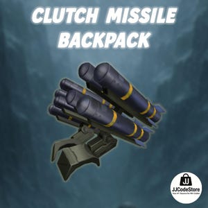 Könnte beinhalten: Ein dunkelblauer Raketenrucksack mit gelben Streifen und blauen Flossen. Der Text "CLUTCH MISSILE BACKPACK" wird oben angezeigt. Das JJCodeStore-Logo befindet sich unten rechts.