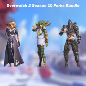 May include: Three Overwatch 2 Season 10 Perks Bundle figures. The figures are of characters in various outfits. The first figure is wearing a black and purple outfit. The second figure is wearing a white and green outfit. The third figure is wearing a dark outfit.