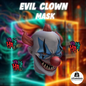 May include: A detailed image of an evil clown mask. The mask is white with blue diamond-shaped accents around the eyes, a red nose, and a sinister grin revealing sharp teeth. The text "EVIL CLOWN MASK" is at the top.