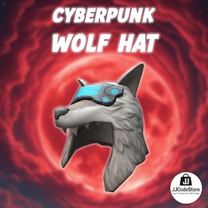 May include: A cyberpunk-themed wolf hat with a gray and white fur design. The hat features a futuristic blue visor and sharp teeth. The text "CYBERPUNK WOLF HAT" is displayed above the hat against a red background.