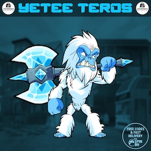 Puede incluir: Ilustración de dibujos animados de una criatura parecida a un Yeti, sosteniendo un gran hacha de hielo. El Yeti es blanco con detalles en azul, incluyendo su cara y manos. El texto "YETEE TEROS" se muestra en la parte superior en azul, con un logotipo en la esquina superior izquierda.