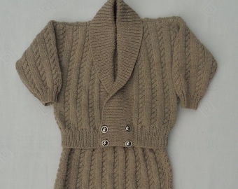 Knitted jacket/cardigan/pants two piece. Retro style for a baby boy or toddler, fawn wool mix yarn, age approx 18-24months.