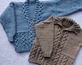 Cardigan/jacket/jumper, hand knitted for a baby /toddler, hand knitted size 1-2 yrs, fawn or blue Aran style, suit boy or girl.