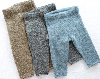 Baby knitted woolly trousers/long pants/leggings/longies. Size 12-18 m and 18-24 m. Blue/grey/brown tweedy yarn.