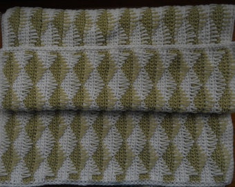 Bed runner/throw/blanket for single bed or child bed.  Hand crocheted using pale green and white wool mix yarn.