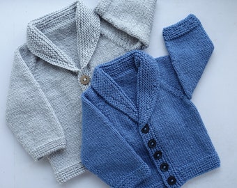 Baby Boy cardigan/jacket/jumper. Oversized, chunky, hand knitted, blue or grey acrylic yarn. Age 9-12m( 20in chest) and 2yrs(24 in chest)