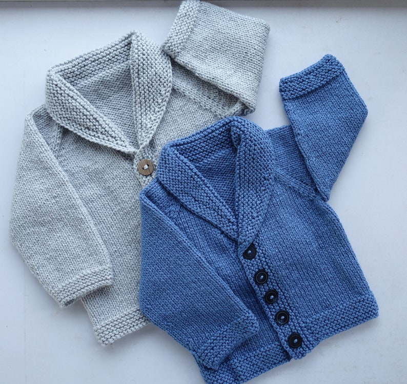 Baby Boy cardigan/jacket/jumper. Oversized, chunky, hand knitted, blue or grey acrylic yarn. Age 9-12m 20in chest and 2yrs24 in chest image 1