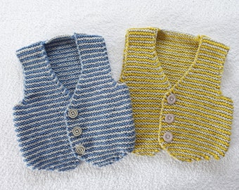 Baby boys vest/waistcoat/tank top/slip over hand knitted in grey/yellow/grey stripes. Ages approx 3-6m and 6-12m