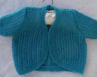 Cardigan/bolero/shrug/sweater hand knitted in turquoise/kingfisher blue soft fluffy yarn, age 2-3yrs (24-25 ins chest)