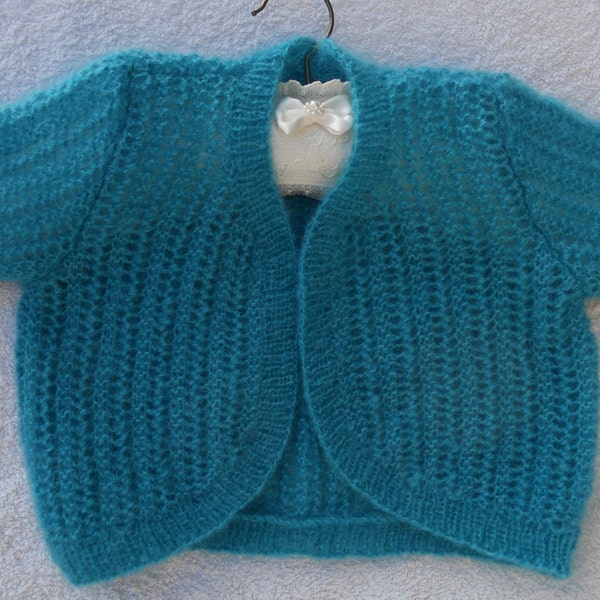 Cardigan/bolero/shrug/sweater hand knitted in turquoise/kingfisher blue soft fluffy yarn, age 2-3yrs (24-25 ins chest)