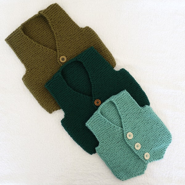 Baby boys vest/waistcoat/tank top/slip over hand knitted in three shades of green yarn. Approx ages 3-6 months, 12-18 months and 2-3 yrs