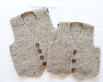 Baby boys vest/waistcoat/tank top/slip over hand knitted in beige fleck yarn. Sizes 20 & 22 in chest, ages 12-18 months and 2-3 yrs