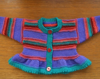 Cardigan/jacket/sweater hand knitted for a baby girl.  Age approx 0-6 months, chest 16-17 ins.