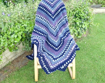 Large throw/granny blanket/afghan, hand crocheted wool blend yarn. Approx 90x90 in. Single/double bed/large sofa. Blue/purple/navy/grey.
