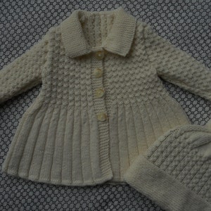 Jacket/coat/cardigan/knitted outfit with hat. READY TO SHIP. Baby girl, cream wool age 6-12 months, chest 20 in, vintage pattern image 1