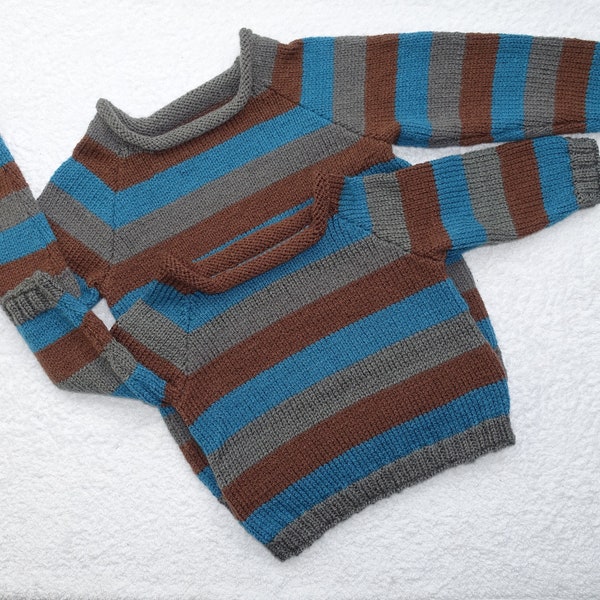 Baby boys striped knitted jumper/sweater/pullovers, ages 1-2 yrs and 2-3 yrs.Hand knitted in brown/blue/grey acrylic yarn, rolled neck.