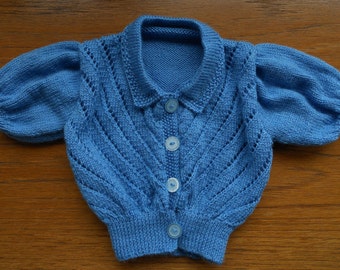 Baby girl's hand knitted cardigan, vintage pattern, pretty blue yarn, age approx 9-12 months, 19-20" chest