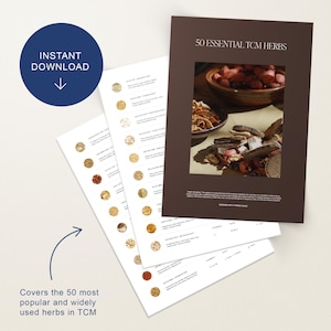 Pode incluir: Um conjunto de guias impressos com o título "50 Essential TCM Herbs". A capa apresenta uma foto de várias ervas. Os guias incluem o texto "Instant Download" e "Cobre as 50 ervas TCM mais populares e amplamente utilizadas."