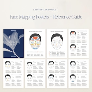 Pode incluir: Um conjunto de cartazes de mapeamento facial e um guia de referência. Os cartazes apresentam ilustrações de rostos com zonas codificadas por cores e o texto "Face Mapping Bundle". O texto "Traditional Chinese Medicine Face Map" também é visível.