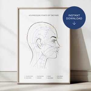 Póster de reflexología facial de la MTC: Puntos de acupresión y meridianos faciales (Descarga digital PDF A4/A3)