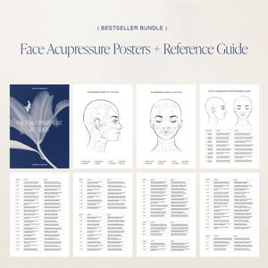 Könnte beinhalten: Ein Set aus Gesichts-Akupressur-Postern und einem Nachschlagewerk. Die Poster zeigen Illustrationen des Gesichts mit Akupunkturpunkten, und das Nachschlagewerk bietet detaillierte Informationen. Das Set enthält ein Poster mit blauem Hintergrund und einer weißen Blume.