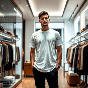 Modèle homme portant un t-shirt blanc à usage commercial illimité en haute définition