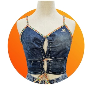 Upcycled denim crop top recycled jeans street style sustainable fashion handmade eco friendly unique outfit clothing made in Thailand