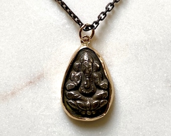 Ganesh Pendant with 14kt Gold frame (14kt Gold and Sterling Silver - Antiqued)