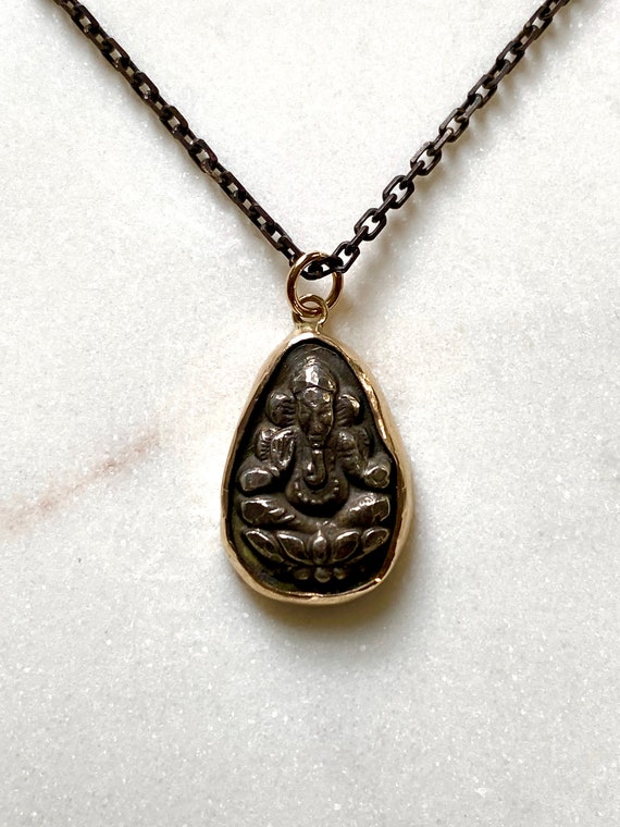 Ganesh Pendant with 14kt Gold frame (14kt Gold and Sterling Silver - Antiqued)