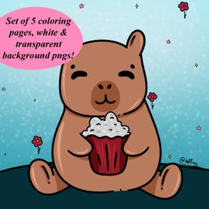 Può includere: Illustrazione di un cartone animato di un capibara marrone che tiene in mano un cupcake rosso con glassa bianca. L'immagine include il testo "Set of 5 coloring pages, white & transparent background pngs!" ed è decorata con fiori e stelle.