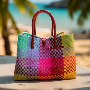 バリ島手織りトートバッグ 特大 - リサイクルプラスチックを使用したハンドメイド - バリ島産多目的ギフトバッグ - Jali Jidha 40x20x27cm