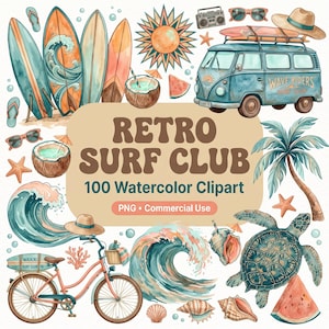 Paquete de imágenes prediseñadas de surf en acuarela, 100 PNG de playa retro de verano, patrones sin costuras, uso comercial.