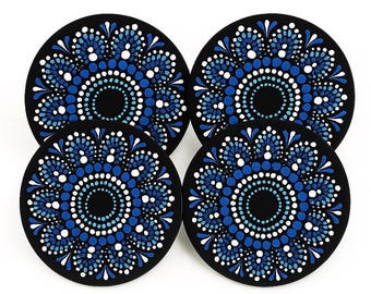 Hand Painted Mandala Coasters: Indian Folk Art, Boho Table Decor, Set of 4