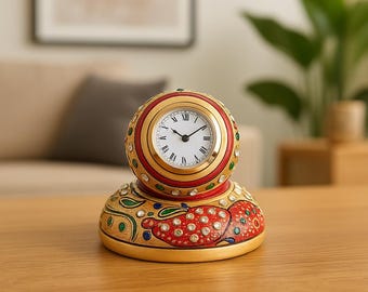 Handmade Marble Desk Clock: Rajasthani Painting, Gemstone Inlay