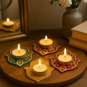 Puede incluir: Cuatro velas de t&eacute; encendidas sobre soportes decorativos en forma de loto coloridos. Los soportes son turquesa, dorados y rojos con intrincados dise&ntilde;os recortados. Las velas est&aacute;n sobre una bandeja de madera.