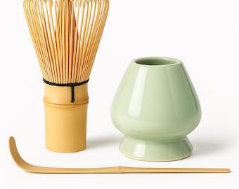 Matcha Set 3-teilig – Bambusbesen (Chasen), Löffel (Chashaku) & Halter | Japanisches Tee-Zubehör für Matcha-Liebhaber